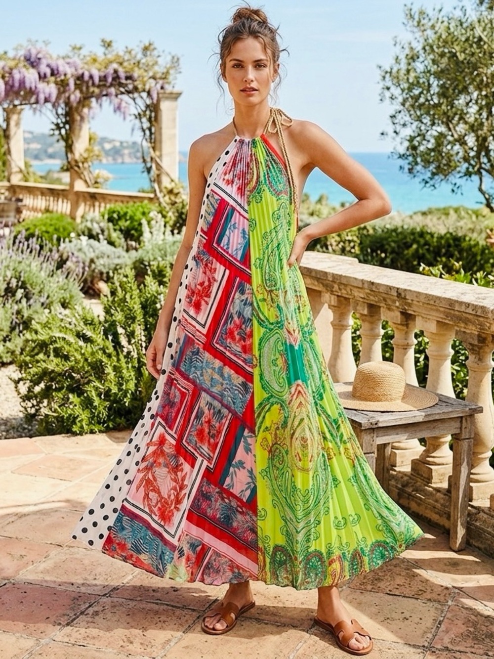 L'ATISTE by Amy Colorful Patterned Pleated Chiffon Halter Maxi Dress